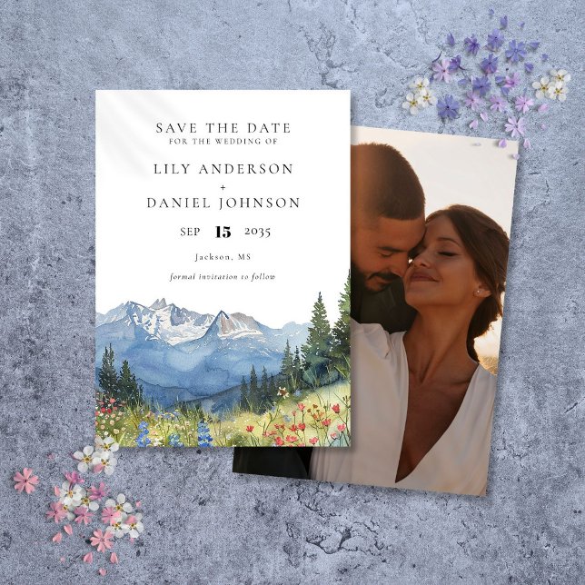 Save The Date Mariage photo Fleur sauvage de Watercolor (Watercolor Mountain Wildflower Photo Wedding Save The Date)