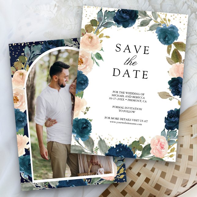 Save The Date Mariage photo floral bleu marine et pêche (Créateur téléchargé)
