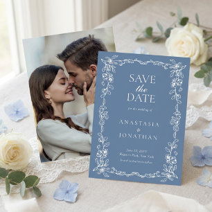 Save The Date Mariage Photo Floral Bleu Poussiéreux Élégant Vint