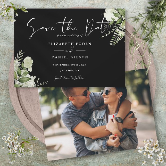 Save The Date Mariage Photo Floral De Verdure Noire Et Blanc (Black And White Greenery Floral Photo Wedding Save The Date)