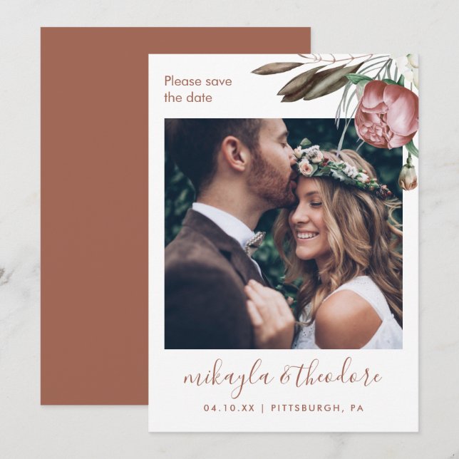 Save The Date Mariage photo floral en terre cuite moderne Boho (Devant / Derrière)