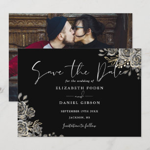 Save The Date Mariage photo floral gothique noir et blanc