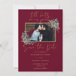 Save The Date Mariage photo floral gothique or et bourgogne
