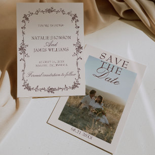 Save The Date Mariage Photo Floral Marron Chocolat Rétro Élégant