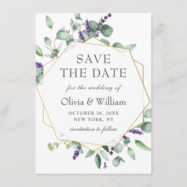 Save The Date Mariage photo floral moderne Eucalyptus Lavender (Devant)