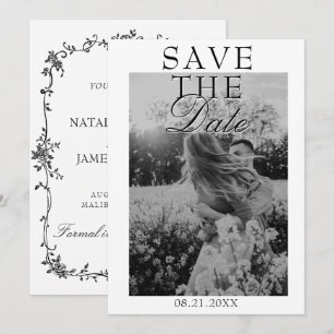 Save The Date Mariage photo floral noir et blanc à l'ancienne