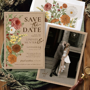 Save The Date Mariage Photo Floral Rustique Kraft Automne Vintag