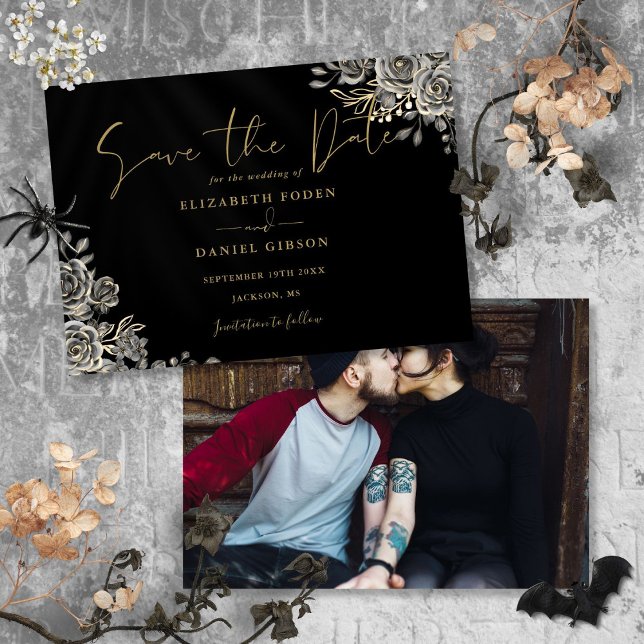Save The Date Mariage photo gothique noir et or (Black And Gold Gothic Floral Photo Wedding Save The Date)
