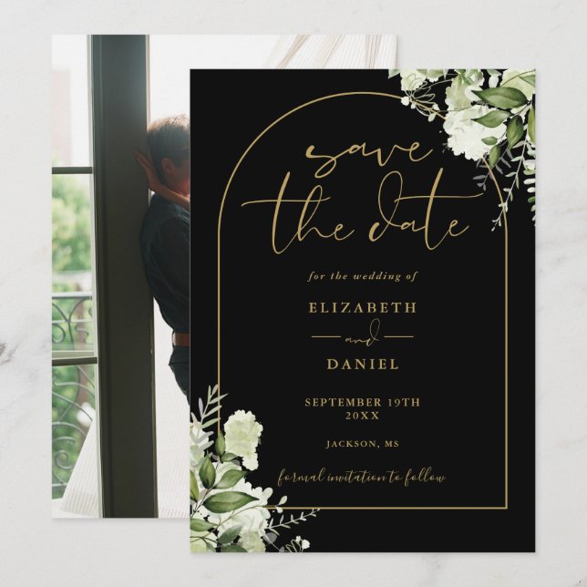 Save The Date Mariage photo Greenery Black Gold Arch (Devant / Derrière)