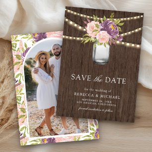 Save The Date Mariage Photo Jar Mason Floral Rose Violet