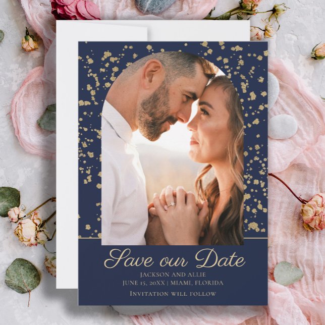 Save The Date Mariage photo Marine Blue Gold Parties scintillant (Elegant navy blue and gold wedding Save-the-Date arch photo announcement card.)