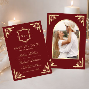 Save The Date Mariage Photo Marron Rouge Monogramme Crête Dorée