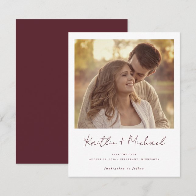 Save The Date Mariage photo Merlot Modern Handwriting (Devant / Derrière)