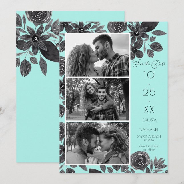 Save The Date Mariage photo moderne Black Mint Floral (Devant / Derrière)
