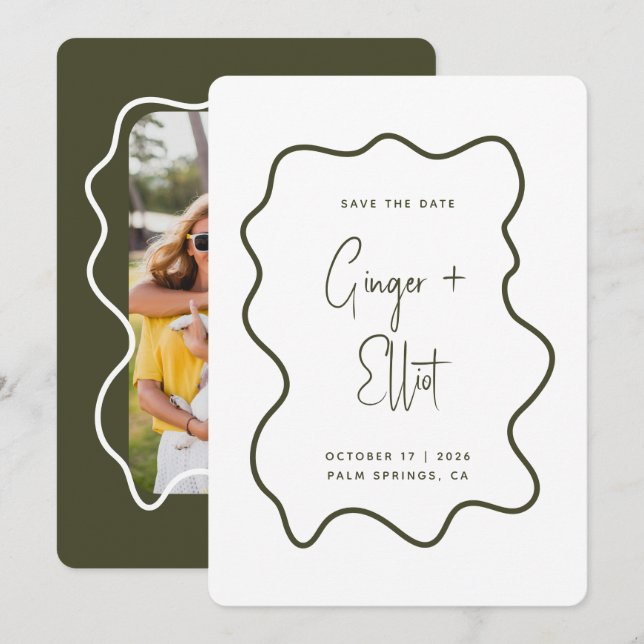 Save The Date Mariage photo moderne Bold Wavy Frame Dark Green (Devant / Derrière)