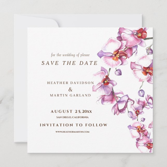 Save The Date Mariage photo moderne chic orchidée (Dos)