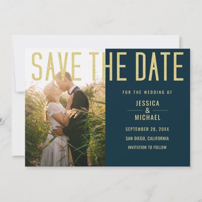 Save The Date Mariage photo moderne Elegant Simple Deep Blue (Devant)