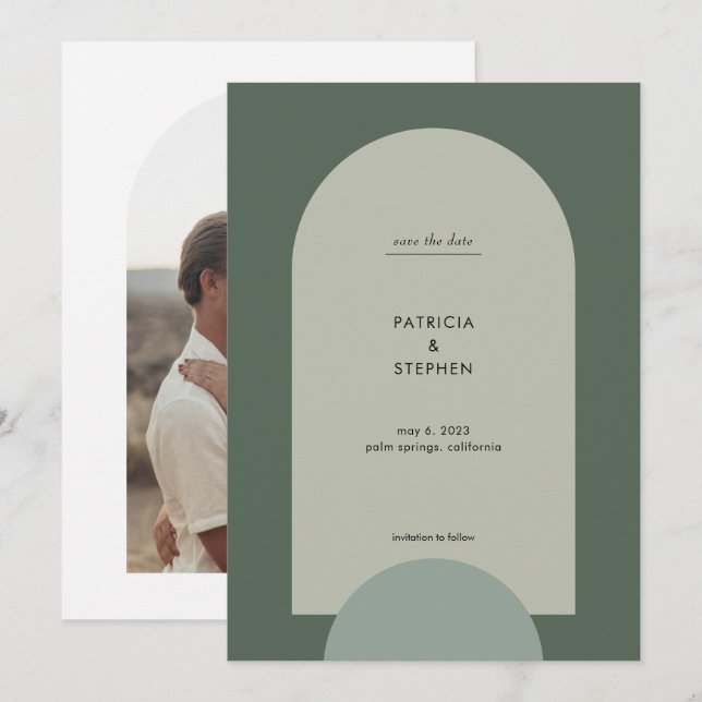 Save The Date Mariage photo moderne Green Sage Boho Arch (Devant / Derrière)