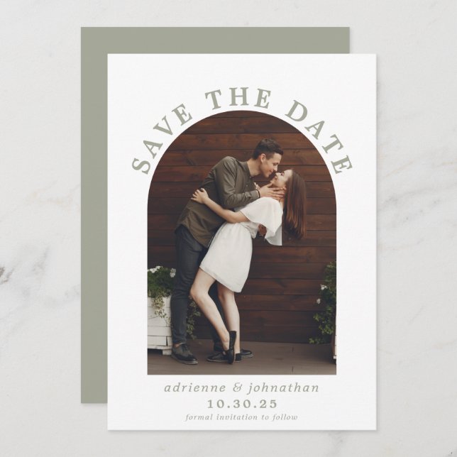 Save The Date Mariage photo moderne Sage Green Boho Arch (Devant / Derrière)