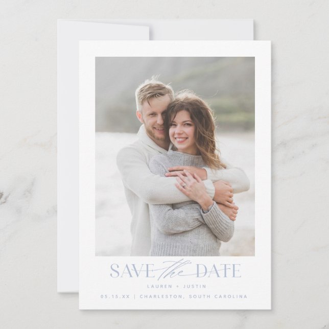 Save The Date Mariage photo moderne simple bleu clair et blanc (Devant)