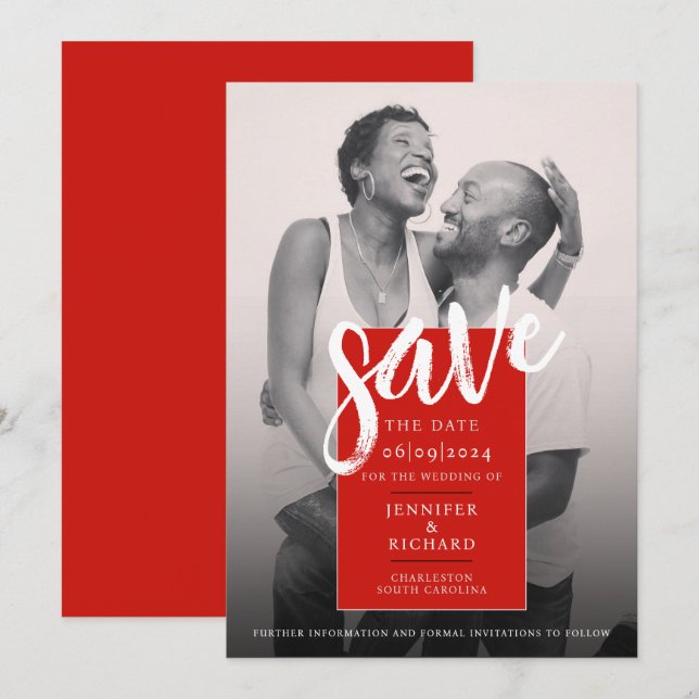 Save The Date Mariage photo moderne simple rouge et blanc (Devant / Derrière)