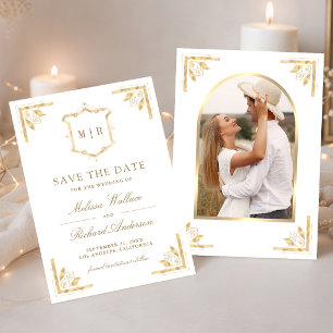 Save The Date Mariage Photo Monogramme Blanc Couronne Dorée