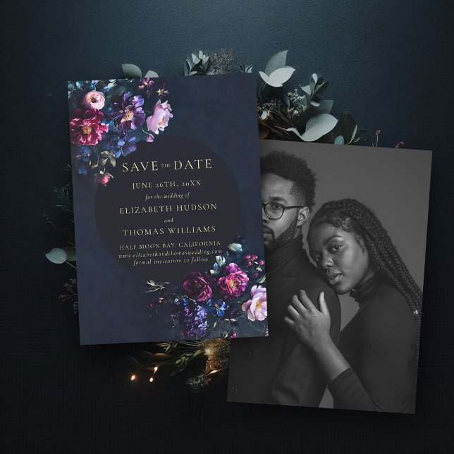 Save The Date Mariage photo Moody Dark Elegant Floral Navy (wedding save the date moody dark romantic gothic floral navy blue photo invitation)
