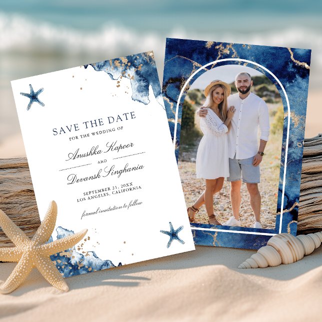 Save The Date Mariage photo Nautical Navy Blue Starfish (Créateur téléchargé)