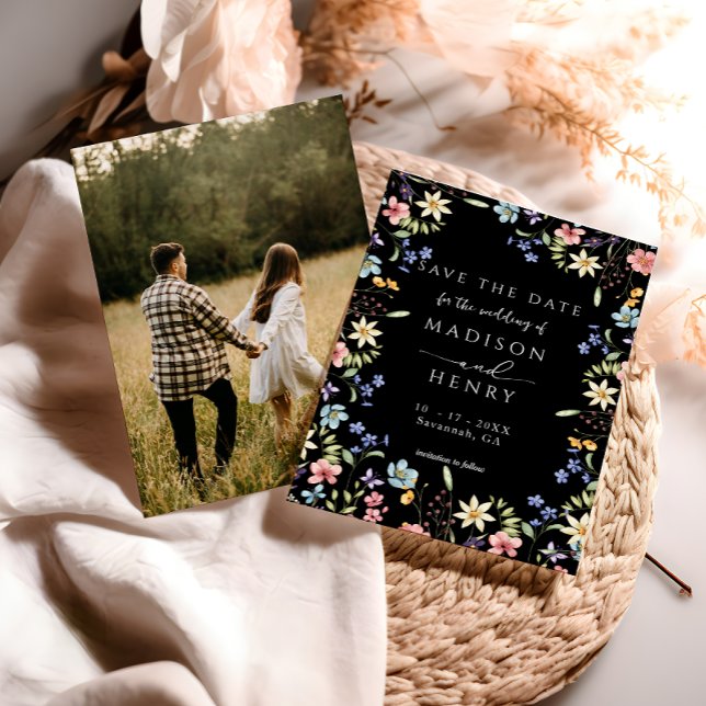 Save The Date Mariage photo noir Fleur sauvage rustique (Créateur téléchargé)