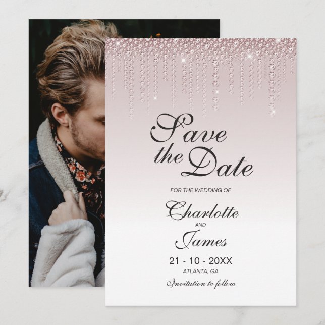 Save The Date Mariage photo personnalisé de diamants roses (Devant / Derrière)