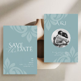 Save The Date Mariage photo Pewter Blue Classic Script Damask