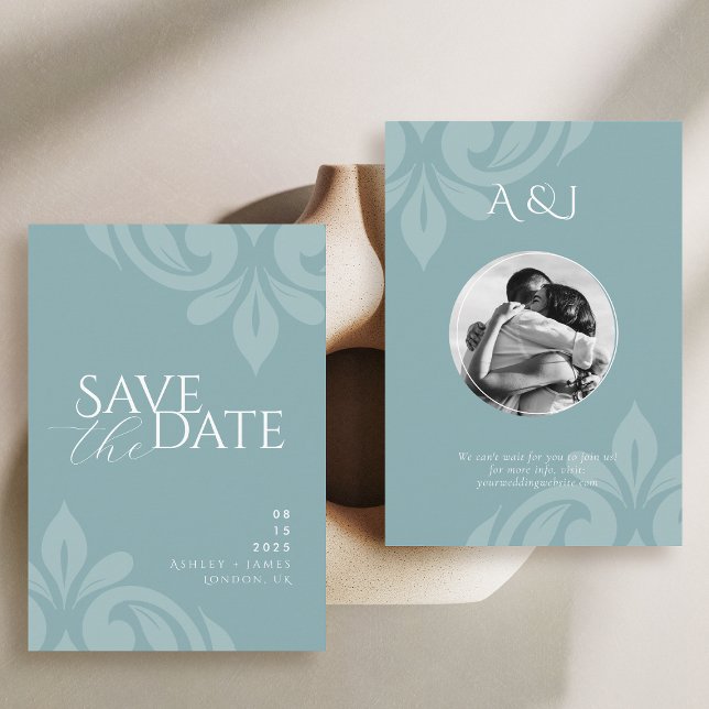 Save The Date Mariage photo Pewter Blue Classic Script Damask (Créateur téléchargé)