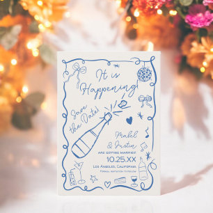 Save The Date Mariage photo retro tendance bleu français illustr