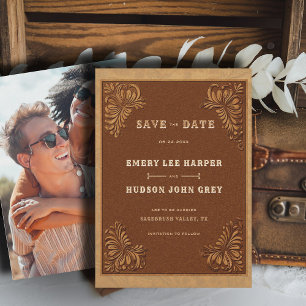Save The Date Mariage Photo Rustique Cuir Outils Occidental