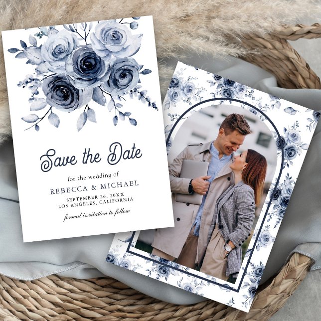 Save The Date Mariage photo Rustique Dusty Blue Floral (Créateur téléchargé)