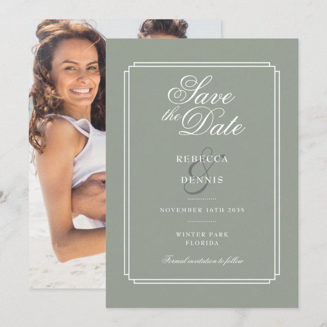 Save The Date Mariage photo Sage Green Chic Script Art Déco (Devant / Derrière)