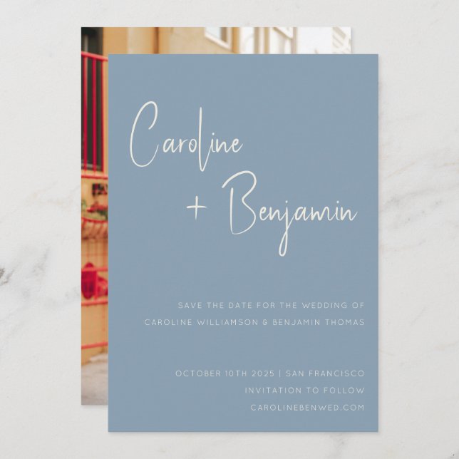 Save The Date Mariage photo simple moderne Dusty Blue Script (Devant / Derrière)