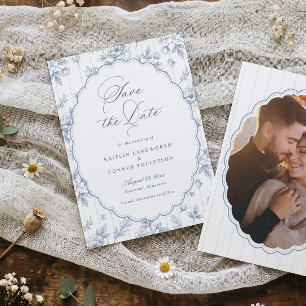 Save The Date Mariage Photo Vintage Floral Français Bleu Poussié