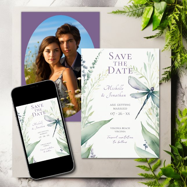 Save The Date Mariage photo Watercolor Dragonfly and Greenery (Watercolor Dragonfly and Greenery Photo Wedding Save The Date)