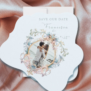 Save The Date Mariage Regency Era Photo Monogramme bleu