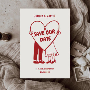 Save The Date Mariage rétro illustré sur le thème rouge monochro