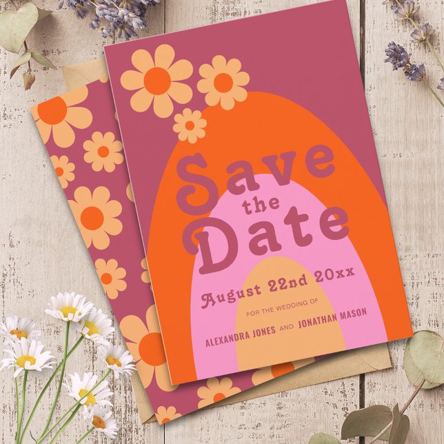 Save The Date Mariage Rétro Moderne (Retro daisy arch pink and orange groovy typography wedding save the date)