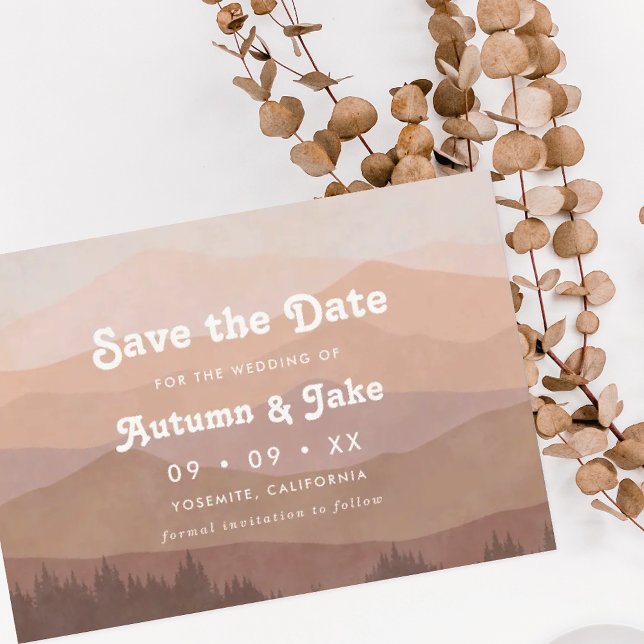 Save The Date Mariage Retro Mountain et Forêt Dusty Pink Ombre (Créateur téléchargé)