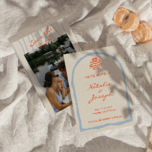 Save The Date Mariage Rétro Orange Bleu Dessiné à la Main Tendan