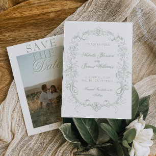Save The Date Mariage Rétro Photo Vert Sauge Ancien Argent Maria