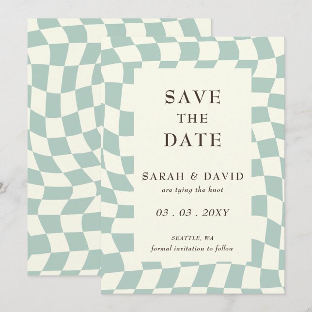 Save The Date Mariage Retro Super Green Checkerboard (Devant / Derrière)