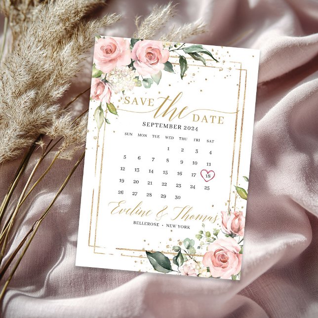 Save The Date Mariage romantique à cadre rose floral rose (Romantic blush pink floral gold frame wedding save the date)