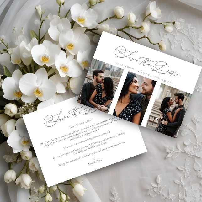 Save The Date Mariage romantique chic engagé 3 Photos Collage (Engaged Chic Romantic Wedding 3 Photos Collage Save the Date with Envelope. )