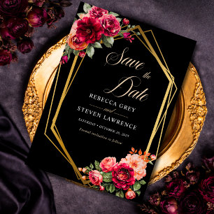 Save The Date Mariage romantique élégant floral rouge noir d'hum