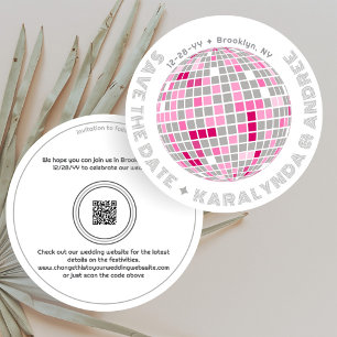 Save The Date Mariage rond Retro Disco Ball rose et gris